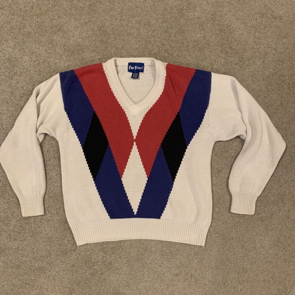 Vintage Par Four Men's Ivory V Neck Colorful Sweater sz MEDIUM Oversized 80s 90s